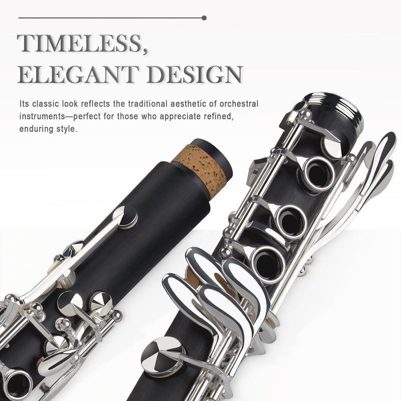SONICAKE B Flat Clarinet for Intermediate Beginners & Student, Upgraded Ebonite Bb Clarinet Silver-plated with 2 Barrels, 4C Mouthpiece, Hard Case, Cleaning Kit, Black, QCR-11 - Image 3
